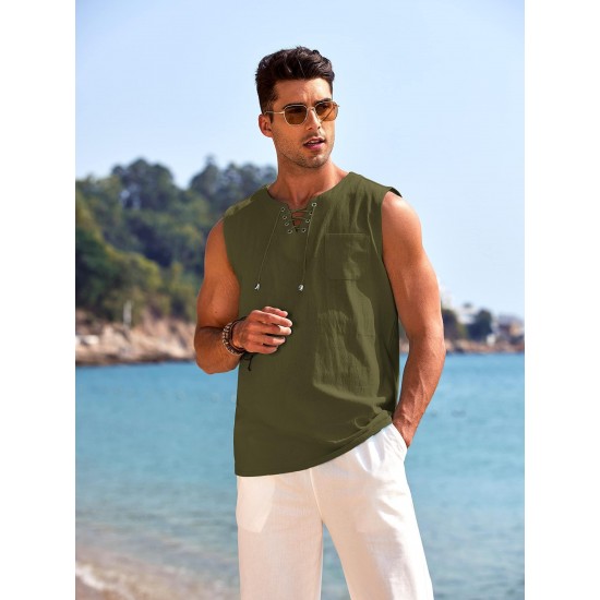 Men'S Cotton Linen Tank Top, Casual Sleeveless Lace Up Beach Hippie Tops, Bohemian Renaissance Pirate Tunic, Crew Neck, Printed Pattern, Non-Stretch Knit Fabric, Regular Fit, for Summer Sports Vest Men'S Cotton Linen Tank Top, Casual Sleeveless Lace Up Beach Hippie Tops, Bohemian Renaissance Pirate Tunic, Crew Neck, Printed Pattern, Non-Stretch Knit Fabric, Regular Fit, for Summer Sports Vest