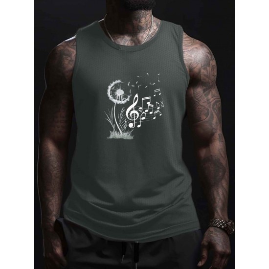 Men'S Dandelion Musical Notes Graphic Tank Top, Quick Dry Mesh Polyester Sports Shirt, Crew Neck, Regular Fit, Geometric Pattern, Slight Stretch, with Knit Fabric for Summer Wear Men'S Dandelion Musical Notes Graphic Tank Top, Quick Dry Mesh Polyester Sports Shirt, Crew Neck, Regular Fit, Geometric Pattern, Slight Stretch, with Knit Fabric for Summer Wear