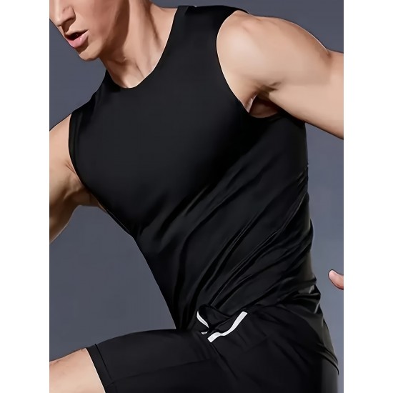 High Stretch Quick Dry Men's Solid Tank Top, Active Crew Neck Sleeveless Top for Summer Outdoor High Stretch Quick Dry Men's Solid Tank Top, Active Crew Neck Sleeveless Top for Summer Outdoor