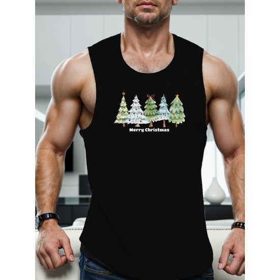 1pc Men'S Casual Christmas Tree Print Sleeveless Tank Top, Polyester Knit Round Neck Vest for Summer, Regular Fit Adult Tank 1pc Men'S Casual Christmas Tree Print Sleeveless Tank Top, Polyester Knit Round Neck Vest for Summer, Regular Fit Adult Tank