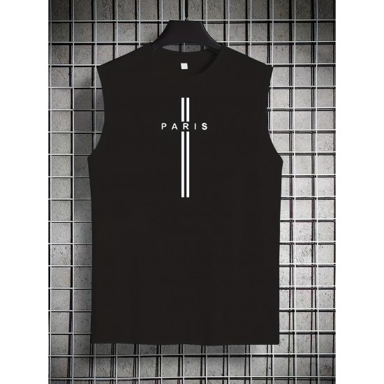 Men's Summer Fashion Tank Top - Casual Round Neck, Stretchy Polyester & Spandex Blend, Breathable Sleeveless Shirt with Trendy Paris Print, Perfect for Gym & Sports, Non-Transparent Men's Summer Fashion Tank Top - Casual Round Neck, Stretchy Polyester & Spandex Blend, Breathable Sleeveless Shirt with Trendy Paris Print, Perfect for Gym & Sports, Non-Transparent