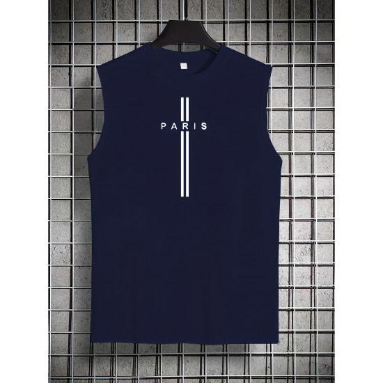 Men's Summer Fashion Tank Top - Casual Round Neck, Stretchy Polyester & Spandex Blend, Breathable Sleeveless Shirt with Trendy Paris Print, Perfect for Gym & Sports, Non-Transparent Men's Summer Fashion Tank Top - Casual Round Neck, Stretchy Polyester & Spandex Blend, Breathable Sleeveless Shirt with Trendy Paris Print, Perfect for Gym & Sports, Non-Transparent