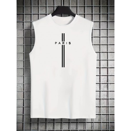 Men's Summer Fashion Tank Top - Casual Round Neck, Stretchy Polyester & Spandex Blend, Breathable Sleeveless Shirt with Trendy Paris Print, Perfect for Gym & Sports, Non-Transparent Men's Summer Fashion Tank Top - Casual Round Neck, Stretchy Polyester & Spandex Blend, Breathable Sleeveless Shirt with Trendy Paris Print, Perfect for Gym & Sports, Non-Transparent