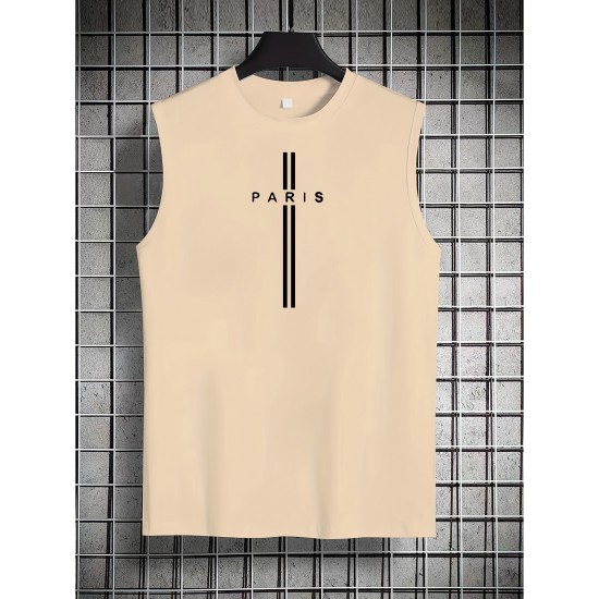 Men's Summer Fashion Tank Top - Casual Round Neck, Stretchy Polyester & Spandex Blend, Breathable Sleeveless Shirt with Trendy Paris Print, Perfect for Gym & Sports, Non-Transparent Men's Summer Fashion Tank Top - Casual Round Neck, Stretchy Polyester & Spandex Blend, Breathable Sleeveless Shirt with Trendy Paris Print, Perfect for Gym & Sports, Non-Transparent