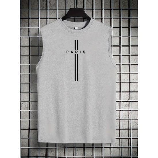 Men's Summer Fashion Tank Top - Casual Round Neck, Stretchy Polyester & Spandex Blend, Breathable Sleeveless Shirt with Trendy Paris Print, Perfect for Gym & Sports, Non-Transparent Men's Summer Fashion Tank Top - Casual Round Neck, Stretchy Polyester & Spandex Blend, Breathable Sleeveless Shirt with Trendy Paris Print, Perfect for Gym & Sports, Non-Transparent