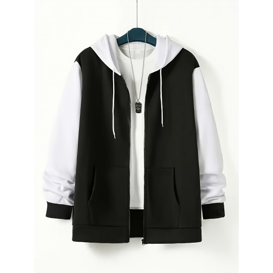 Plus Size Men's Vibrant Contrast Color Hooded Jacket for Spring and Fall Outdoor Sports - Water-Resistant, Breathable, and Soft Fleece Lining - Perfect for Hiking, Camping, and Casual Wear Plus Size Men's Vibrant Contrast Color Hooded Jacket for Spring and Fall Outdoor Sports - Water-Resistant, Breathable, and Soft Fleece Lining - Perfect for Hiking, Camping, and Casual Wear