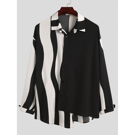 Plus Size Men's Long Sleeve Casual Shirt - Stripe Patchwork Design, Turn Down Collar, Button Closure, Polyester Fabric, Machine Washable and Dry Cleanable Plus Size Men's Long Sleeve Casual Shirt - Stripe Patchwork Design, Turn Down Collar, Button Closure, Polyester Fabric, Machine Washable and Dry Cleanable