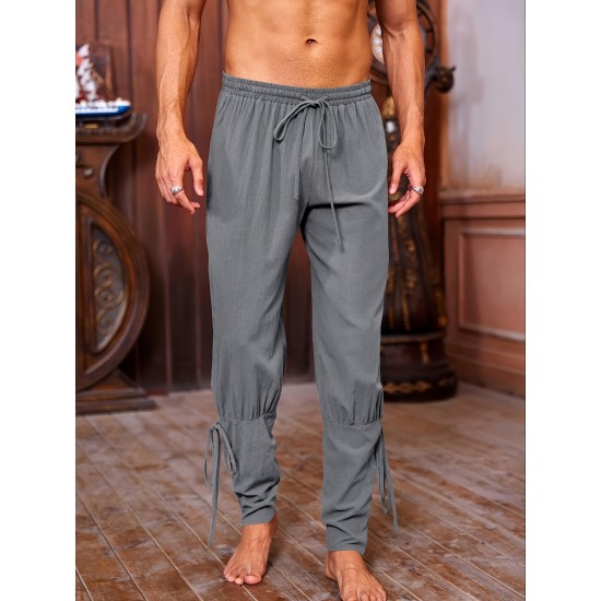 Men's Viking Renaissance-Inspired Casual Pants with Drawstring Waist and Tapered Legs - Solid Color, Polyester, Machine Washable Men's Viking Renaissance-Inspired Casual Pants with Drawstring Waist and Tapered Legs - Solid Color, Polyester, Machine Washable