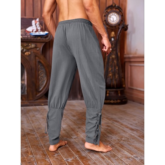 Men's Viking Renaissance-Inspired Casual Pants with Drawstring Waist and Tapered Legs - Solid Color, Polyester, Machine Washable Men's Viking Renaissance-Inspired Casual Pants with Drawstring Waist and Tapered Legs - Solid Color, Polyester, Machine Washable